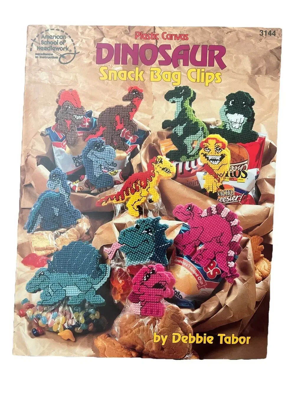 American School Needlework Plastic Canvas Dinosaur Chip Bag Clips Patterns Rare